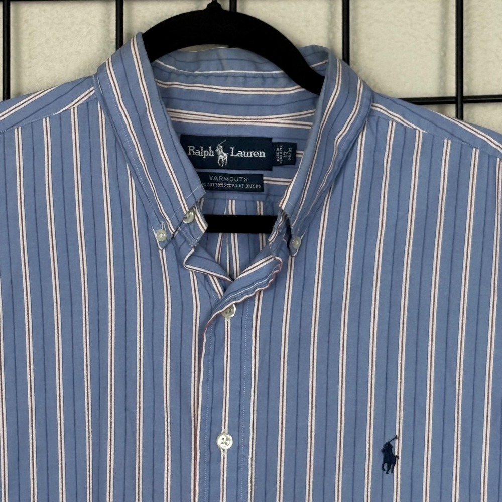 Vintage Ralph Lauren Yarmouth Shirt Mens 17 34/35 Blue Striped Pinpoint Oxford